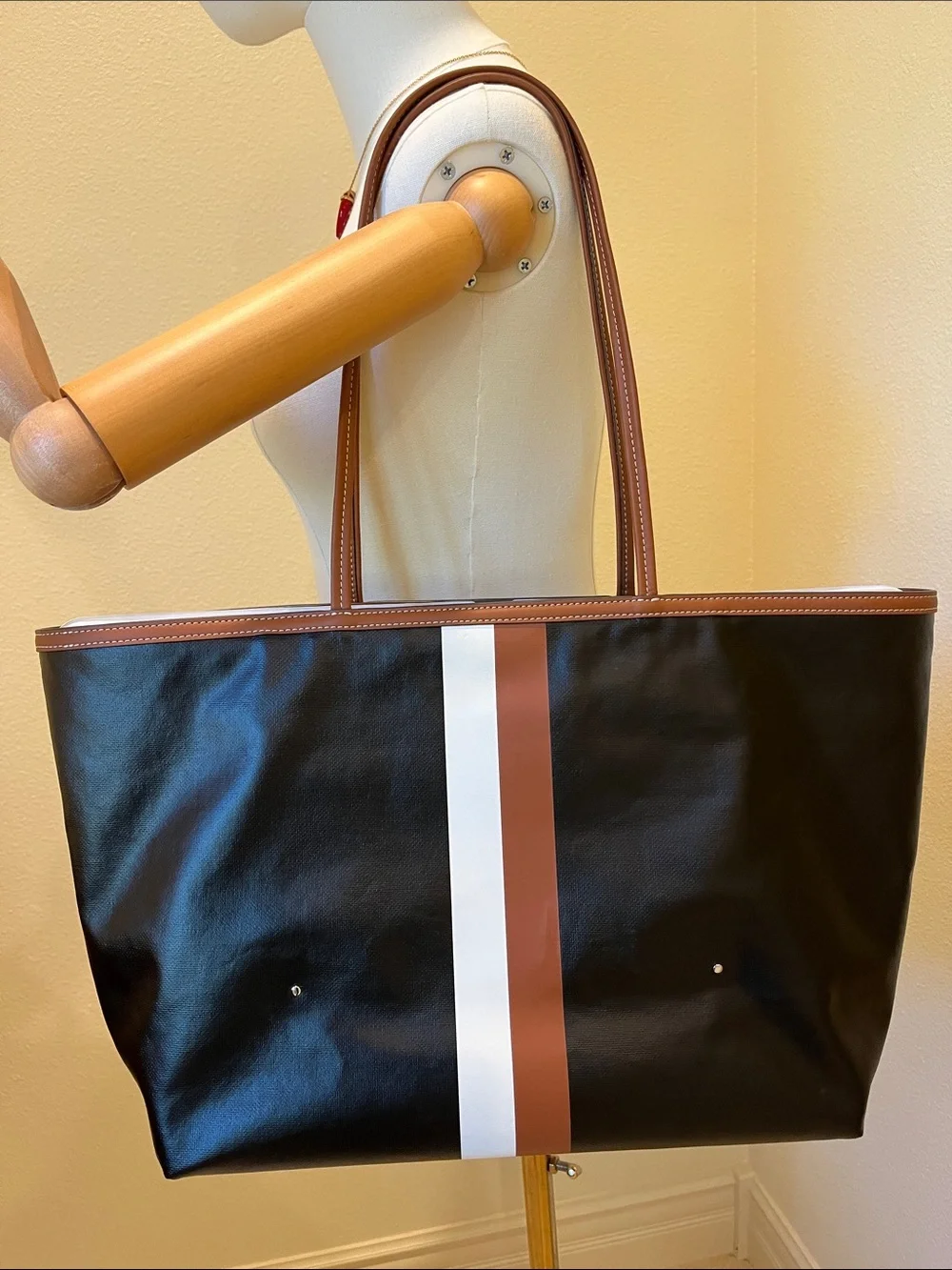 Tory Burch Black Leather Tote with Brown and White Center Stripe